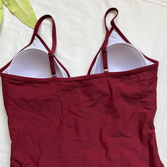 Halter Plunging V Neck Bathing Suit Hollow Out Side Edge Red Wine Swimwear - Picture 9 of 9